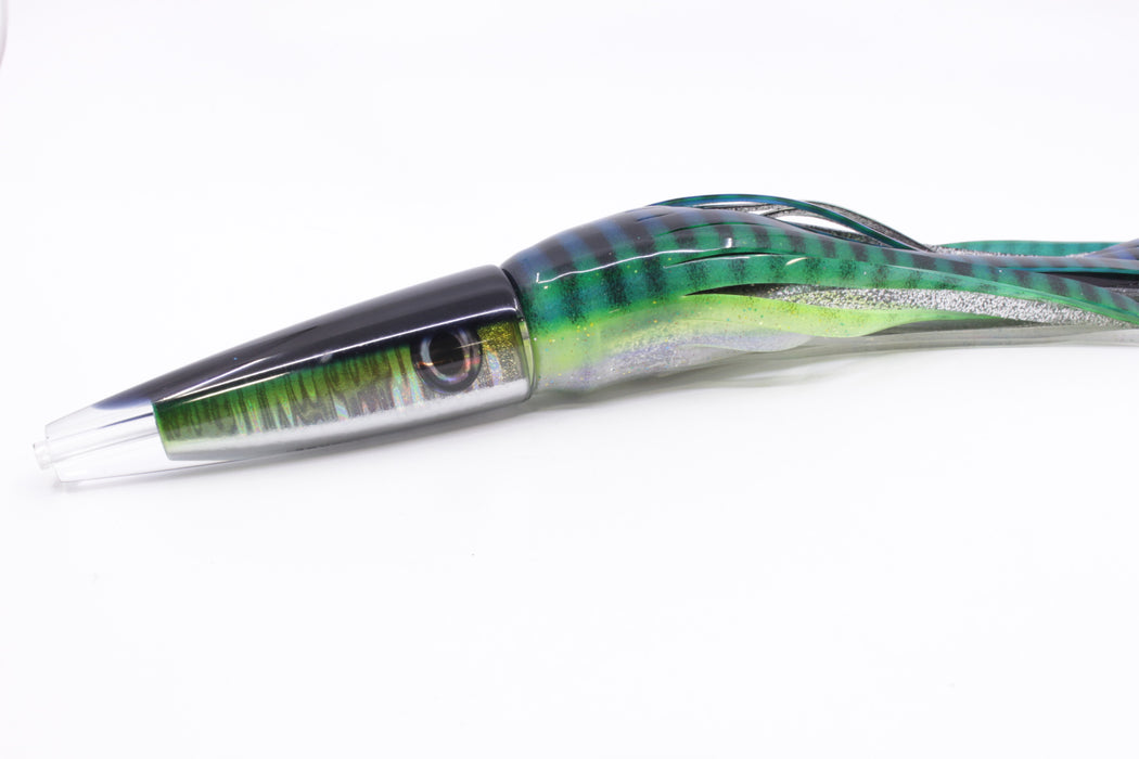 Moyes Lures Green-Silver Aurora Black Back Ono Rocket 9" 8oz Skirted Blue-Black Stripes