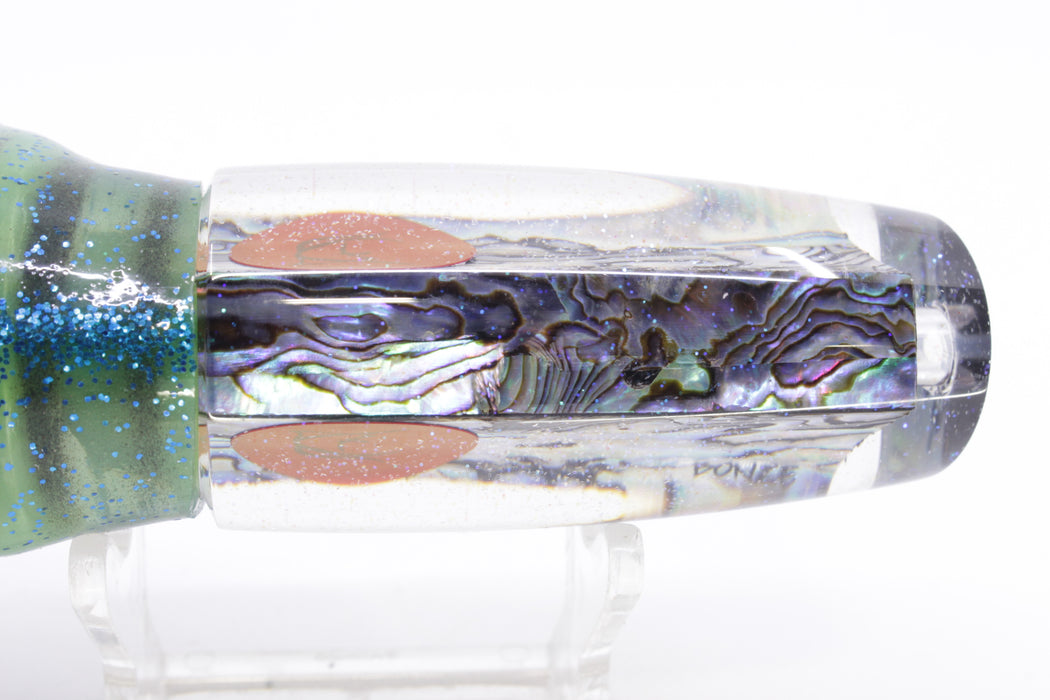 Bonze Lures Paua Shell Red Eyes Here For The Party 10" 8oz Skirted Olive Green/Red Glitter