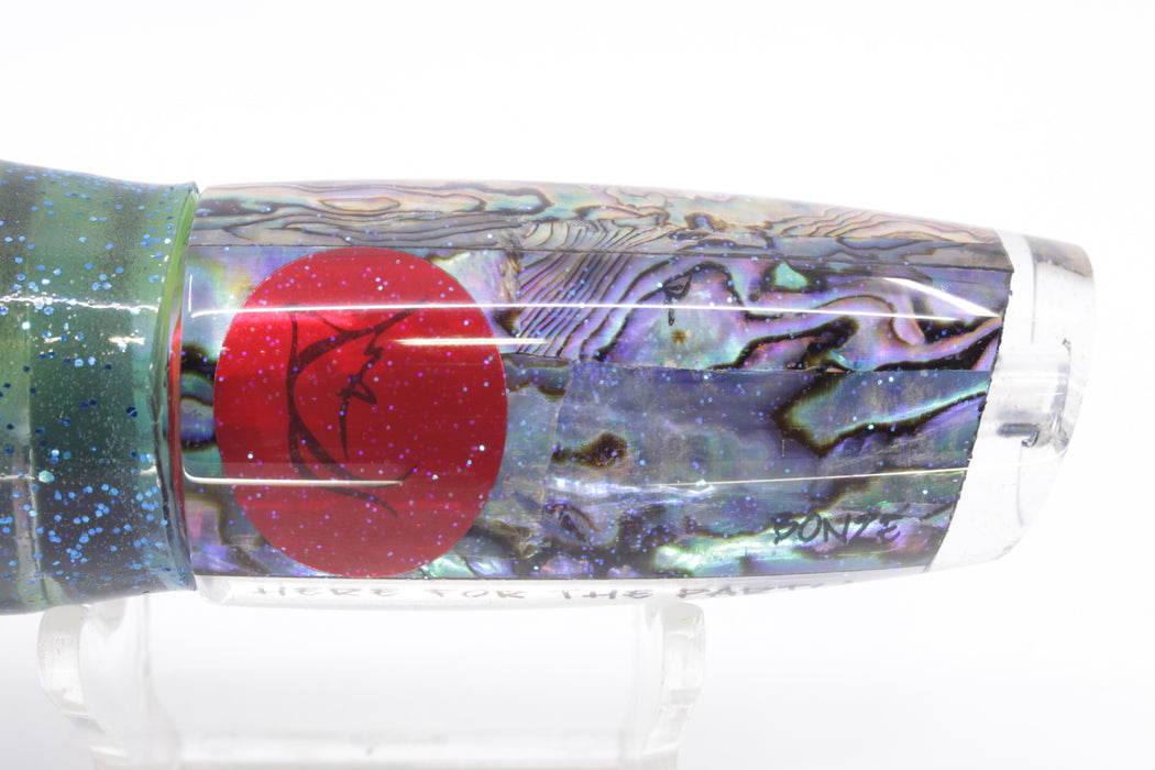 Bonze Lures Paua Shell Red Eyes Here For The Party 10" 8oz Skirted Olive Green/Red Glitter