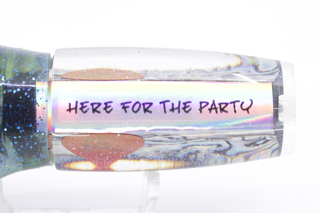 Bonze Lures Paua Shell Red Eyes Here For The Party 10" 8oz Skirted Olive Green/Red Glitter