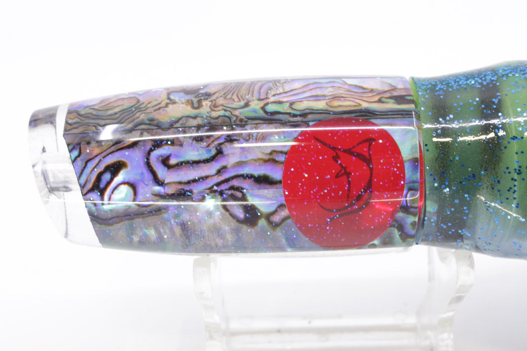 Bonze Lures Paua Shell Red Eyes Here For The Party 10" 8oz Skirted Olive Green/Red Glitter