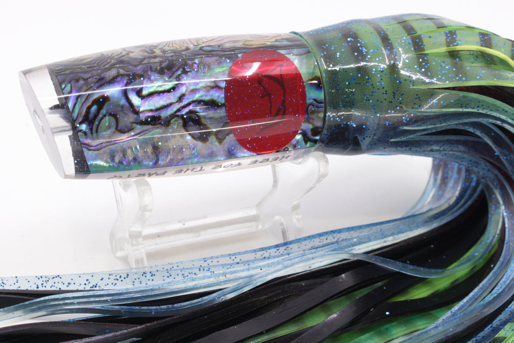 Bonze Lures Paua Shell Red Eyes Here For The Party 10" 8oz Skirted Olive Green/Red Glitter