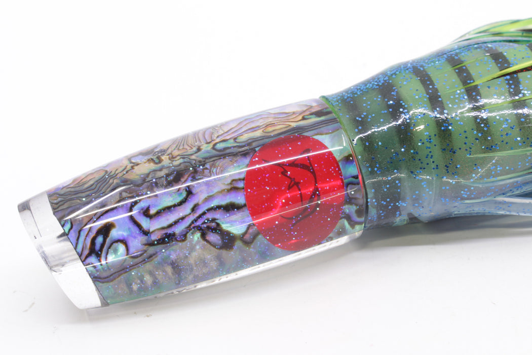 Bonze Lures Paua Shell Red Eyes Here For The Party 10" 8oz Skirted Olive Green/Red Glitter
