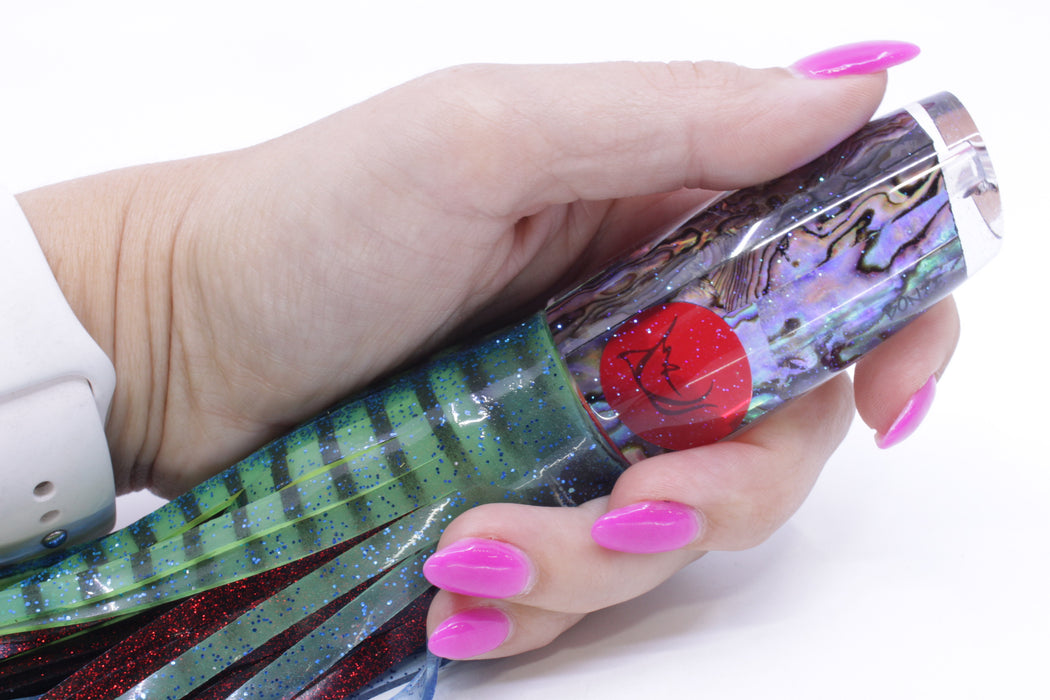 Bonze Lures Paua Shell Red Eyes Here For The Party 10" 8oz Skirted Olive Green/Red Glitter