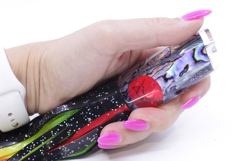 Bonze Lures Paua Shell Red Eyes Here For The Party 10" 8oz Skirted Black/Orange-Yellow-Blue