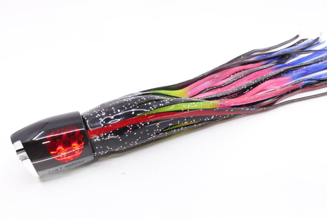 Moyes Lures Black Pearl Black Back Red Eyes Medium J-Boy 12" 7oz Skirted Black/Rainbow