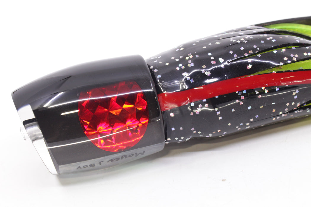 Moyes Lures Black Pearl Black Back Red Eyes Medium J-Boy 12" 7oz Skirted Black/Rainbow