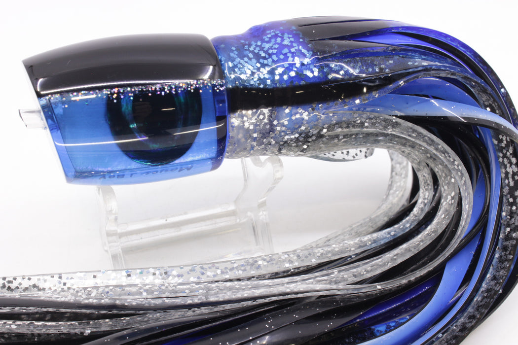Moyes Lures Blue MOP Black-Silver Back Medium J-Boy 12" 7oz Skirted Black & Blue Bars