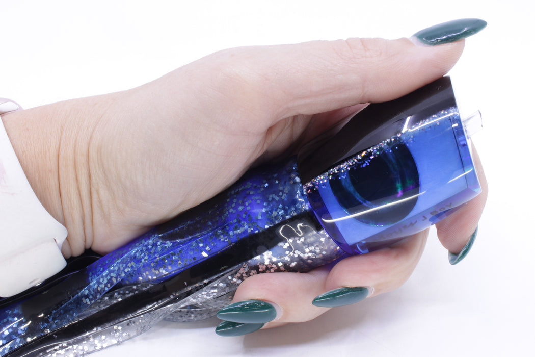 Moyes Lures Blue MOP Black-Silver Back Medium J-Boy 12" 7oz Skirted Black & Blue Bars