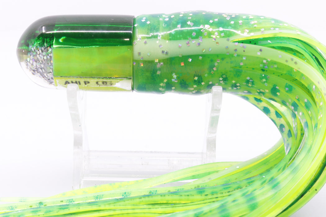 Marlin Magic Lime Green MOP Green Back Ahi Pussy Bullet 7" 4oz Skirted Green-Blue Dots