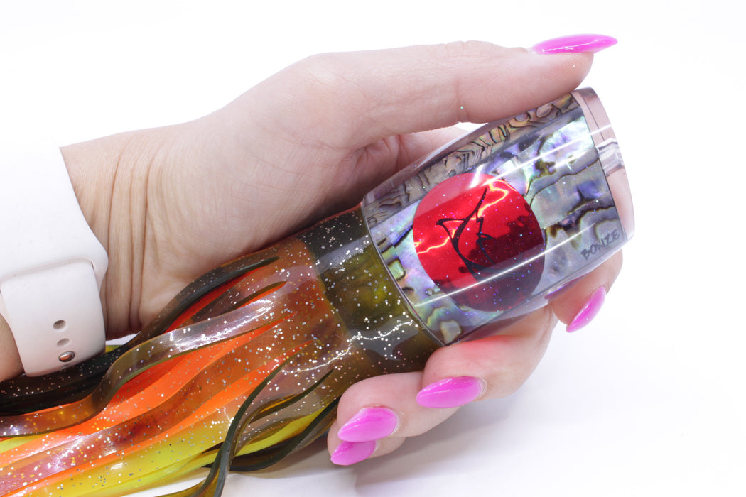 Bonze Lures Paua Shell Red Eyes Scorpion 14" 11.3oz Skirted Olive Green/Orange