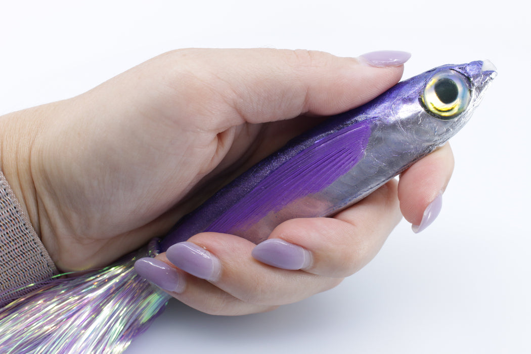 Aloha Lures Silver Rainbow Blue-Purple Back Slapstick 5" 5.5oz Flashabou Purple