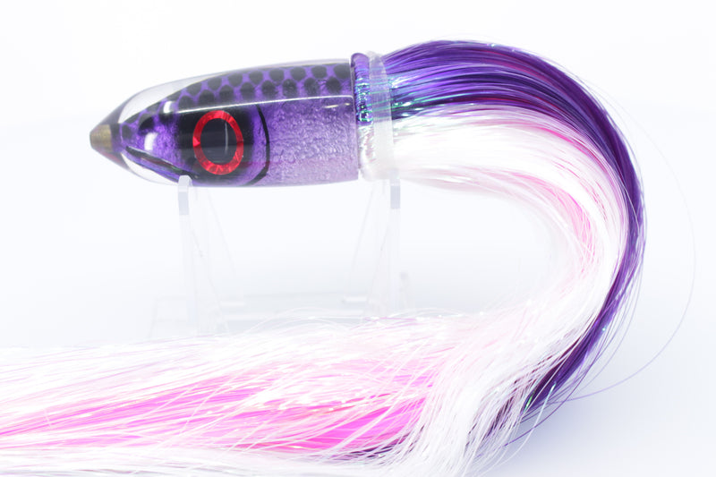 Tsutomu Lures Purple Black Dots Fish Head Ali'i Bullet 7" 5oz Strobez Purple-White