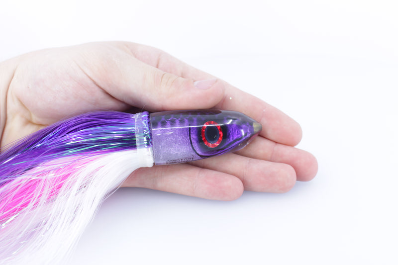 Tsutomu Lures Purple Black Dots Fish Head Ali'i Bullet 7" 5oz Strobez Purple-White