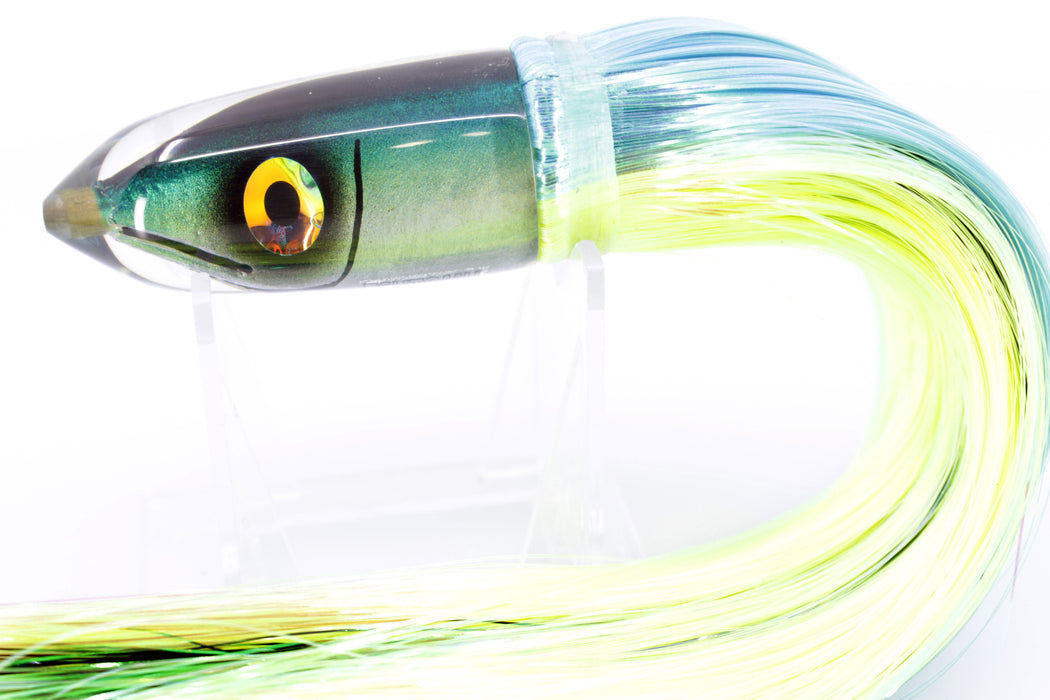 Tsutomu Lures Black-Green Fish Head Ali'i Bullet 7" 5oz Strobez Ice Blue-Chartreuse