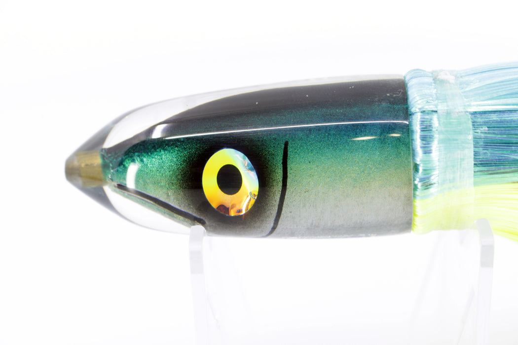Tsutomu Lures Black-Green Fish Head Ali'i Bullet 7" 5oz Strobez Ice Blue-Chartreuse