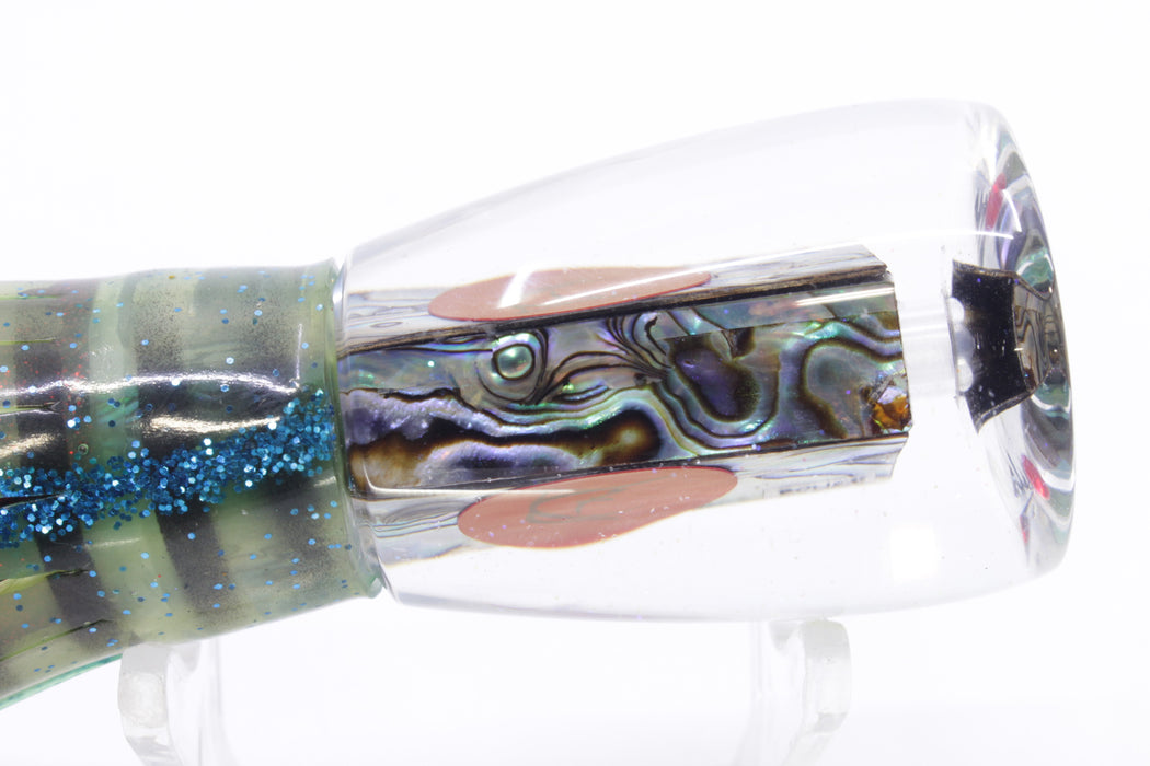 Bonze Lures Paua Shell Red Eyes D Shackle 9" 3.5oz Skirted Green-Black Stripes/Red