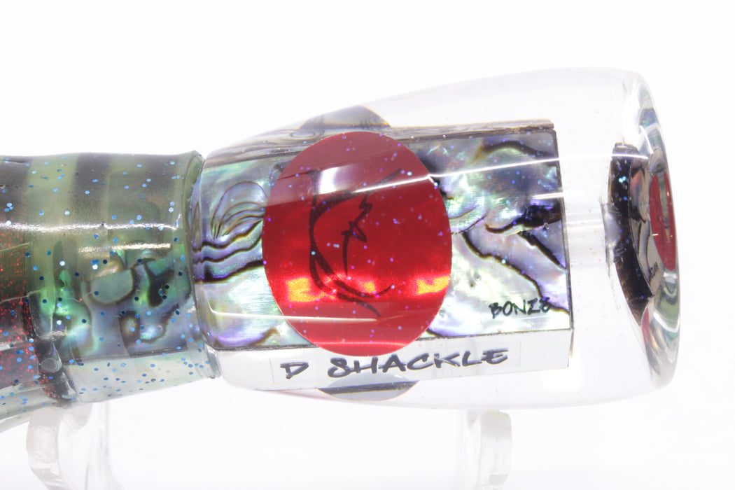 Bonze Lures Paua Shell Red Eyes D Shackle 9" 3.5oz Skirted Green-Black Stripes/Red