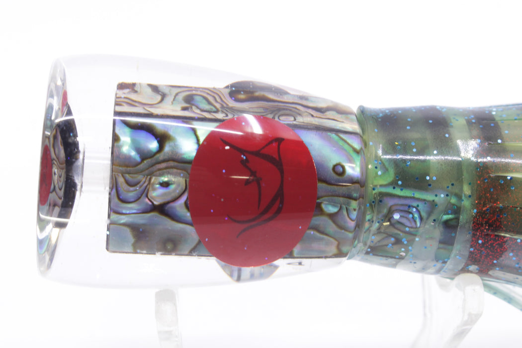 Bonze Lures Paua Shell Red Eyes D Shackle 9" 3.5oz Skirted Green-Black Stripes/Red