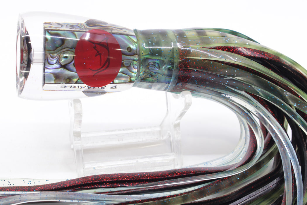 Bonze Lures Paua Shell Red Eyes D Shackle 9" 3.5oz Skirted Green-Black Stripes/Red