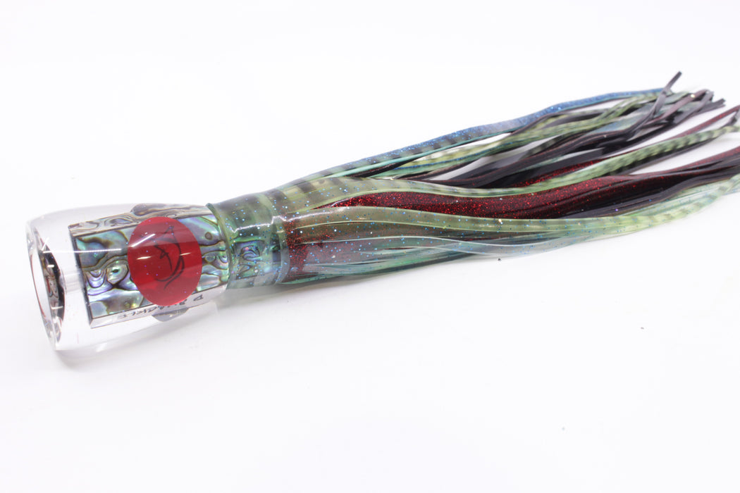 Bonze Lures Paua Shell Red Eyes D Shackle 9" 3.5oz Skirted Green-Black Stripes/Red