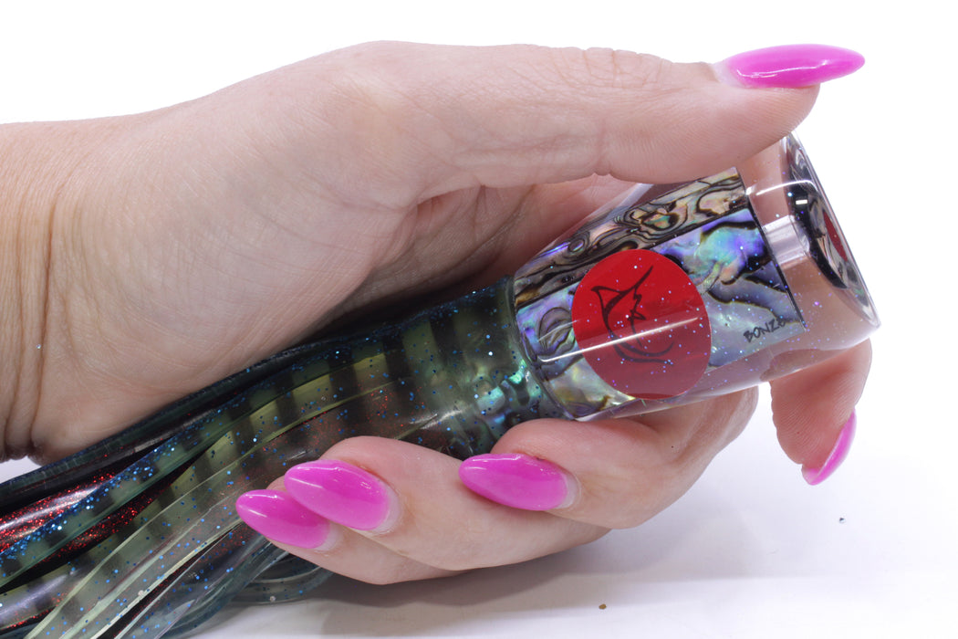 Bonze Lures Paua Shell Red Eyes D Shackle 9" 3.5oz Skirted Green-Black Stripes/Red