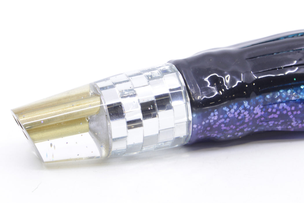 Tanigawa Lures Mirrored Disco Ball 2-Hole Slant 7" 9.6oz Skirted Black-Ice Blue