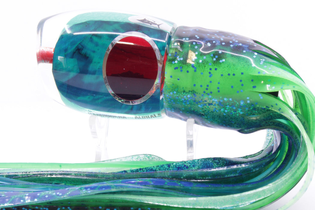 Aloha Lures Turquoise MOP Red Eyes Bamboocha 12" 11.5oz Skirted Black Dots-Blue Dots