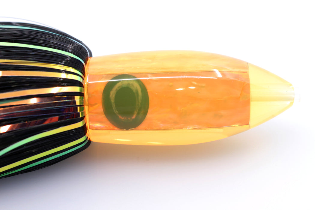 Moyes Lures Fluorescent Orange Awabi Medium Ono Bullet 9" 5.5oz Skirted Black Hair