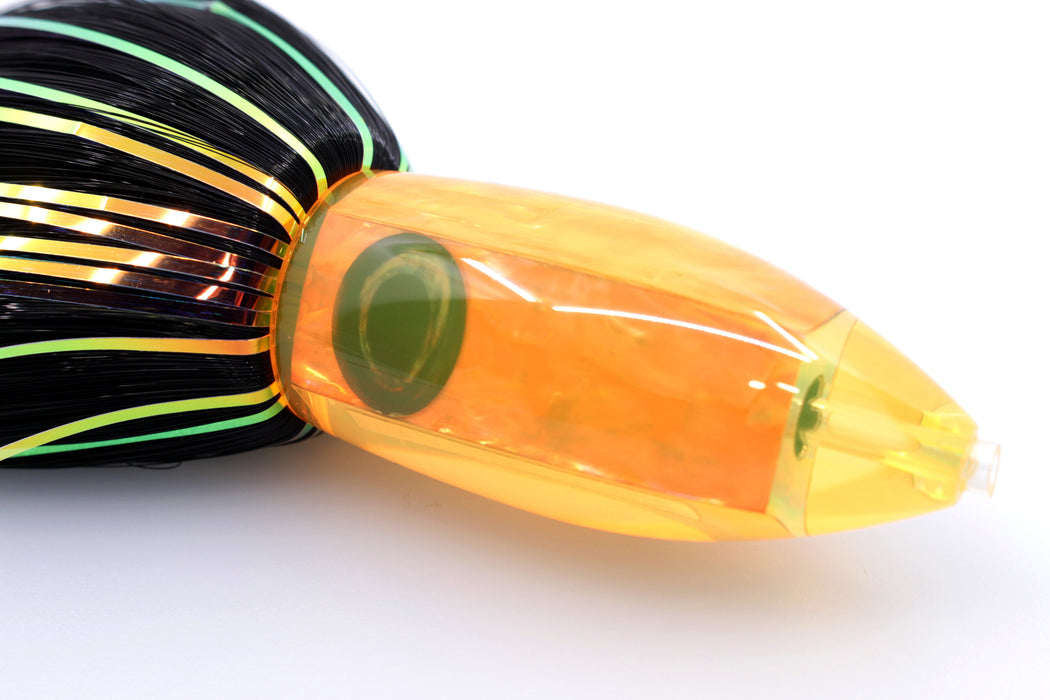 Moyes Lures Fluorescent Orange Awabi Medium Ono Bullet 9" 5.5oz Skirted Black Hair