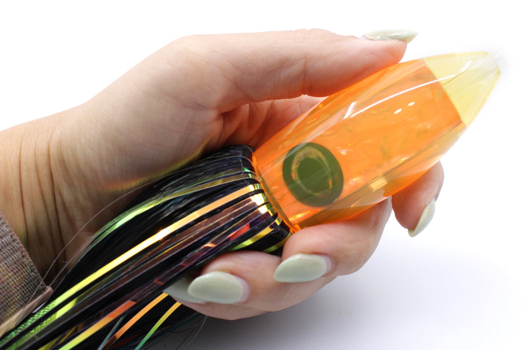 Moyes Lures Fluorescent Orange Awabi Medium Ono Bullet 9" 5.5oz Skirted Black Hair