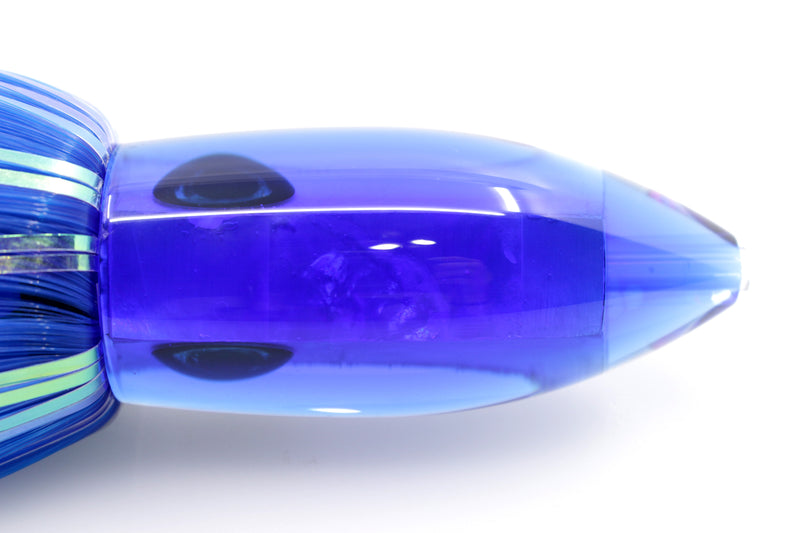 Moyes Lures White MOP Blue Back Medium Ono Bullet 9" 5.5oz Skirted Blue-White Hair