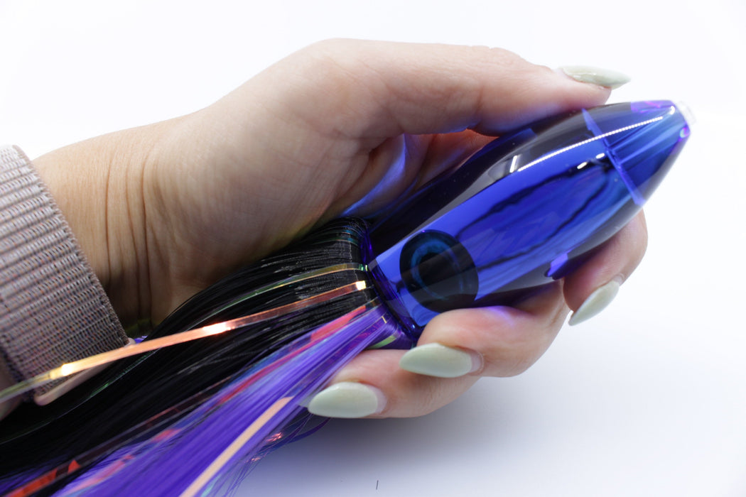 Moyes Lures Blue Mirrored Small Ono Bullet 7" 3.8oz Skirted Black-Purple Hair