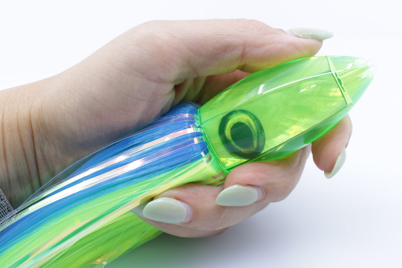 Moyes Lures Chartreuse MOP Small Ono Bullet 7" 3.8oz Skirted Blue-Chartreuse Hair
