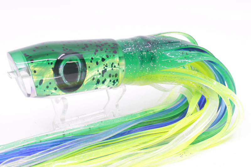 Moyes Lures Mahi MOP Green Back Taxi Eyes Davey Boy 12" 8oz Skirted Mahi