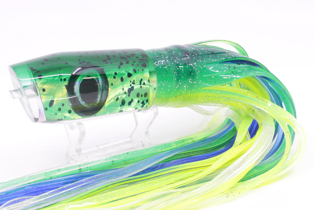 Moyes Lures Mahi MOP Green Back Taxi Eyes Davey Boy 12" 8oz Skirted Mahi