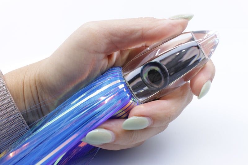 Moyes Lures Clear Mirrored Small Ono Bullet 7" 3.8oz Skirted Blue-Purple Hair