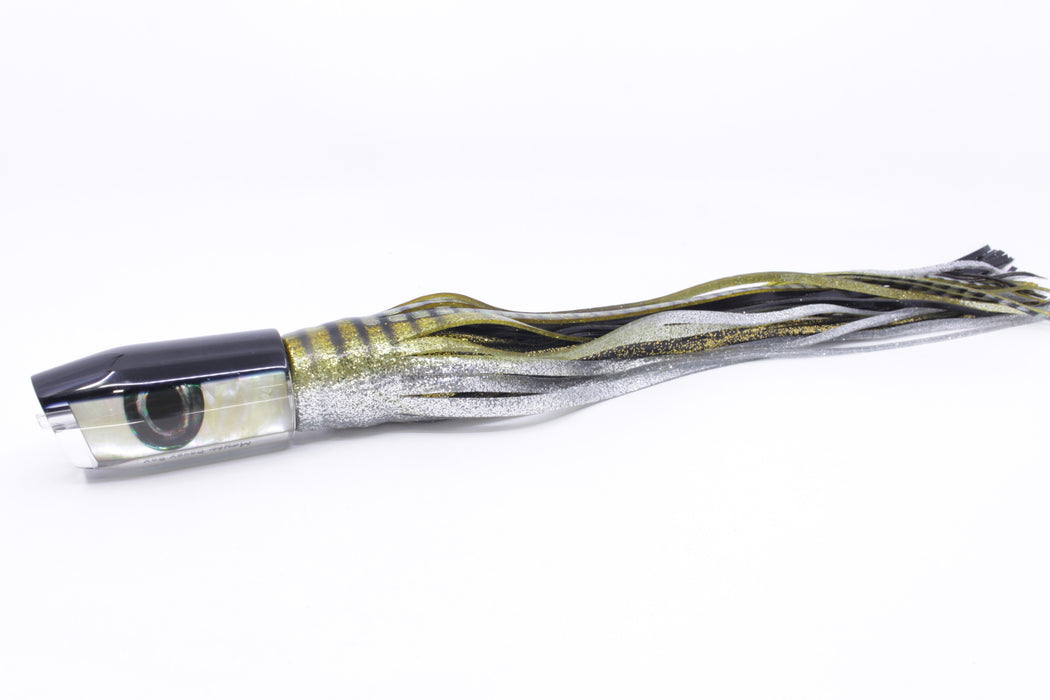 Moyes Lures Golden MOP Black Back Taxi Eyes Davey Boy 12" 8oz Skirted Yellow Aurora