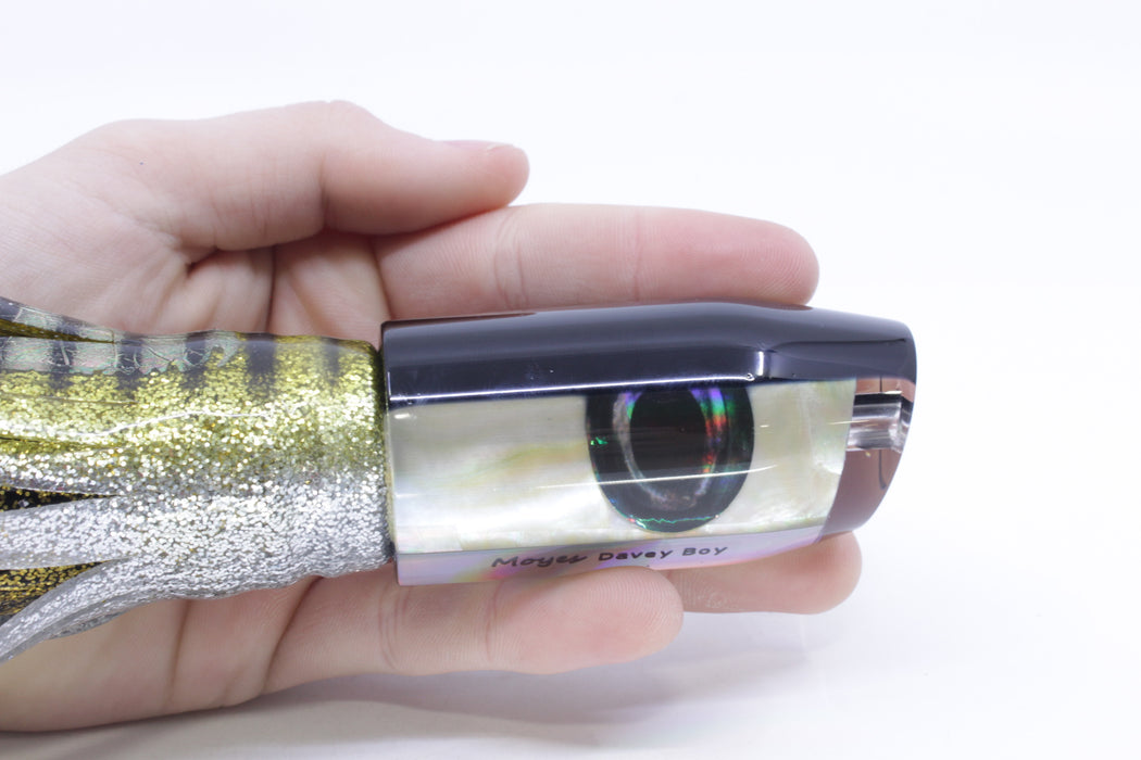 Moyes Lures Golden MOP Black Back Taxi Eyes Davey Boy 12" 8oz Skirted Yellow Aurora