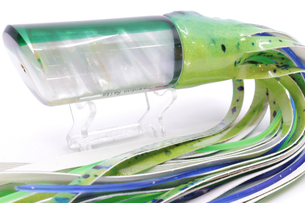 Crampton Baits Real White MOP Green Back Tube 12" 7.2oz Fire Tailz Vinyl Mahi