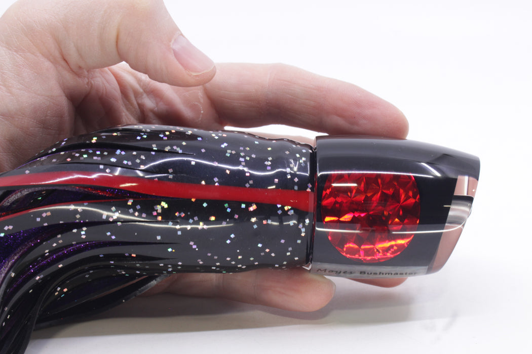 Moyes Lures Black Pearl Black Back Red Eyes Bushmaster 12" 10oz Skirted Black/Purple