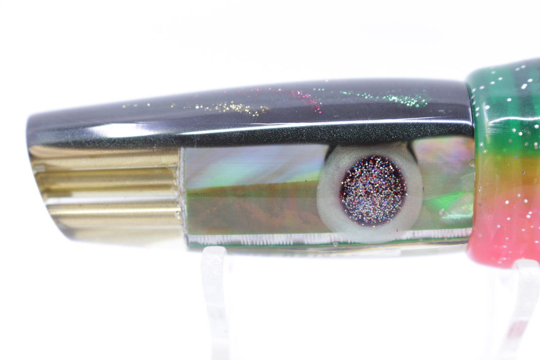 Big Reidee Lures Green Abalone Green Glitter Bomb Back 4-Hole Cut Face 9" 6oz Skirted