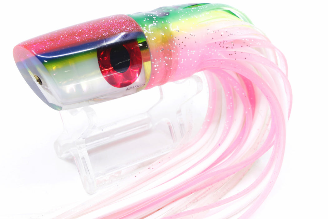 Coggin Lures White Rainbow Glass Pink-Blue-Yellow Back Small Slant Bogie 9" 4oz Skirted