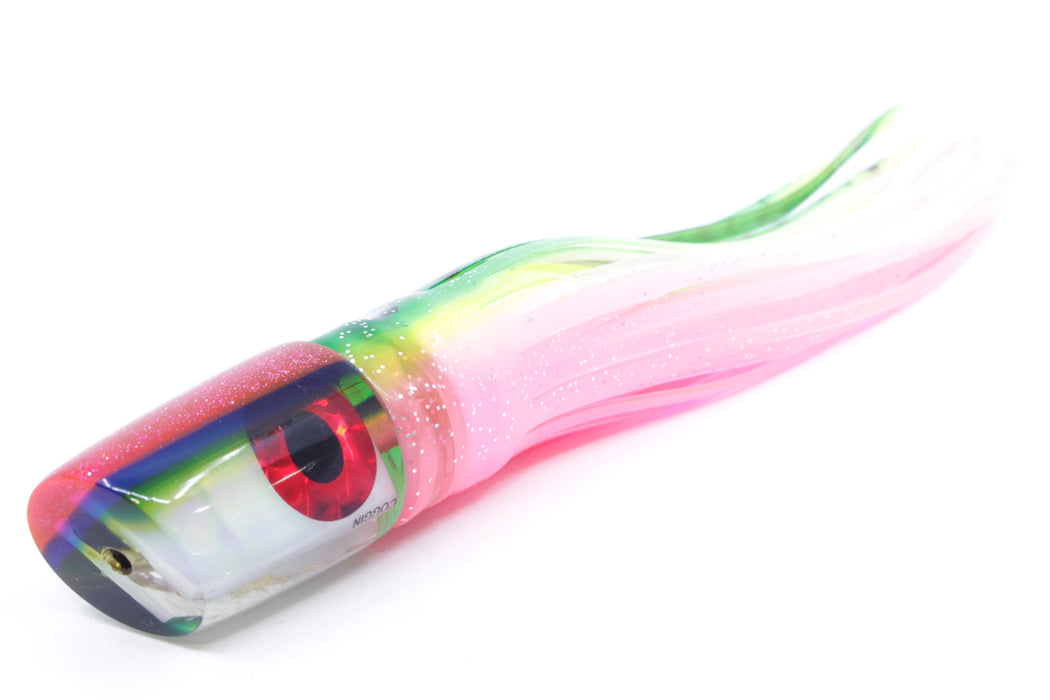 Coggin Lures White Rainbow Glass Pink-Blue-Yellow Back Small Slant Bogie 9" 4oz Skirted