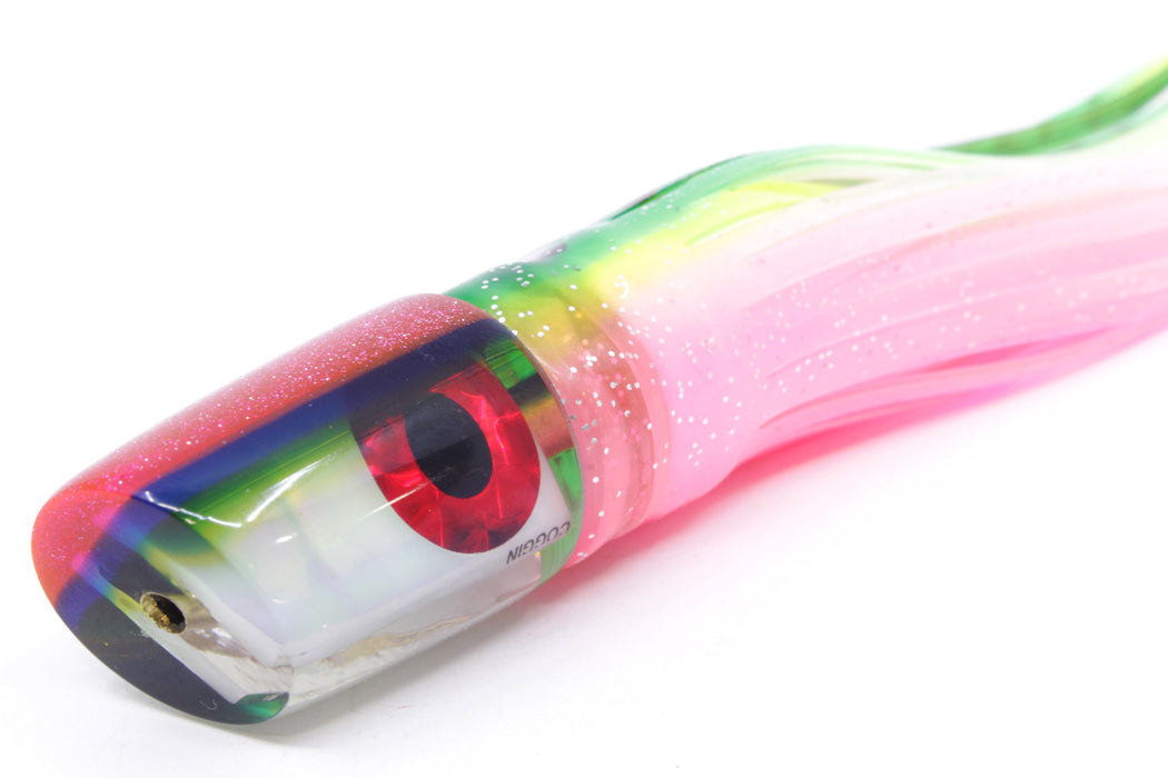 Coggin Lures White Rainbow Glass Pink-Blue-Yellow Back Small Slant Bogie 9" 4oz Skirted