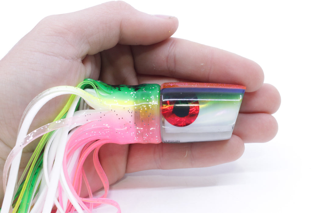 Coggin Lures White Rainbow Glass Pink-Blue-Yellow Back Small Slant Bogie 9" 4oz Skirted