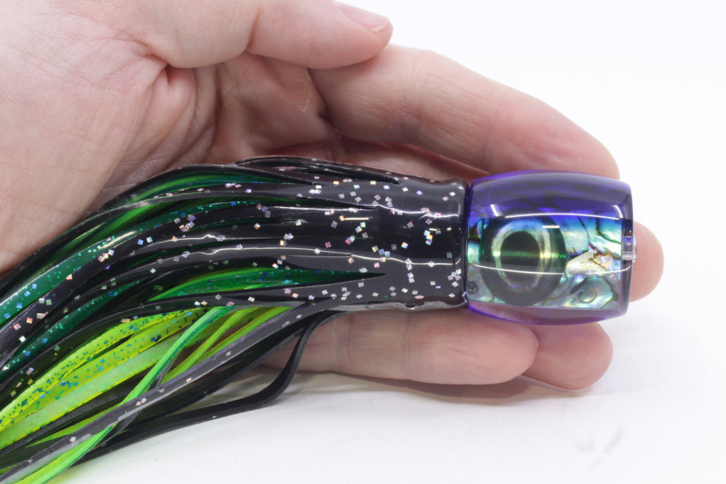 Moyes Lures Paua Shell Blue Back Taxi Eyes Large Tang 9" 3oz Skirted Black Aurora/Mahi