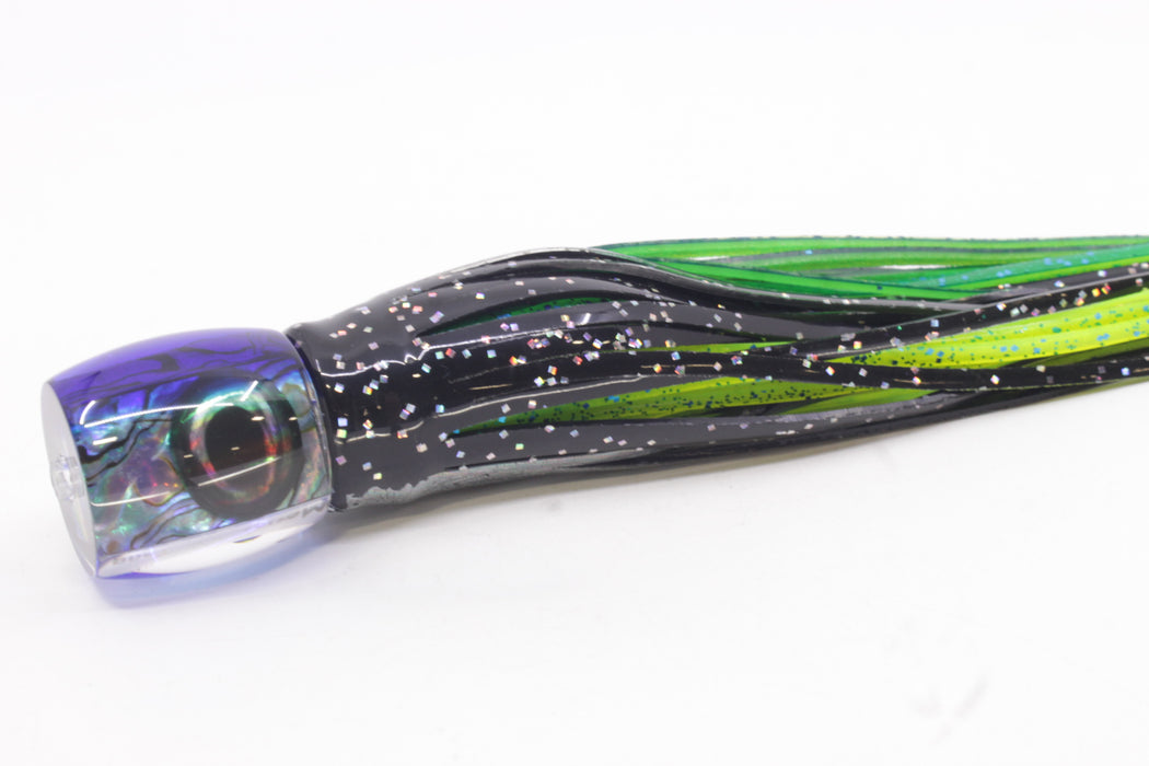Moyes Lures Paua Shell Blue Back Taxi Eyes Large Tang 9" 3oz Skirted Black Aurora/Mahi