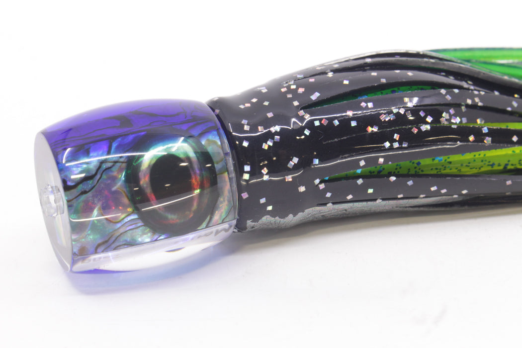 Moyes Lures Paua Shell Blue Back Taxi Eyes Large Tang 9" 3oz Skirted Black Aurora/Mahi