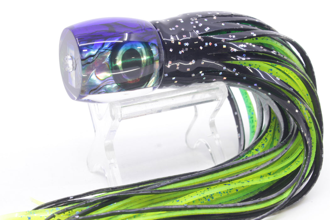 Moyes Lures Paua Shell Blue Back Taxi Eyes Large Tang 9" 3oz Skirted Black Aurora/Mahi